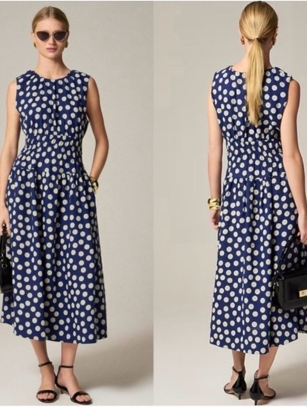 J. Crew Navy and White Polka Dot Sleeveless Midi Dress